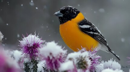 Wall Mural - A bird sitting on top of a purple flower covered in snow