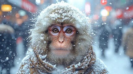 Poster - A monkey wearing a scarf in the snow