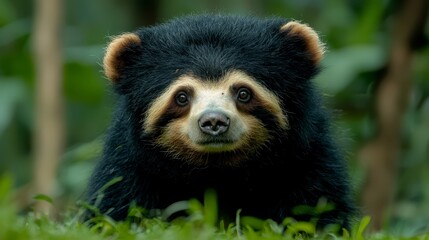 Poster - A black bear sitting in the grass looking at the camera