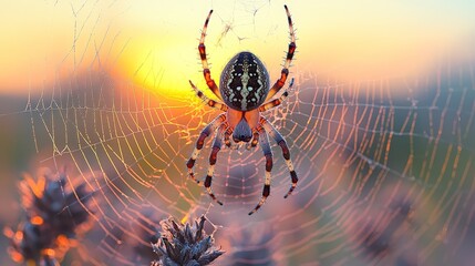 A spider sits in the center of a spider web