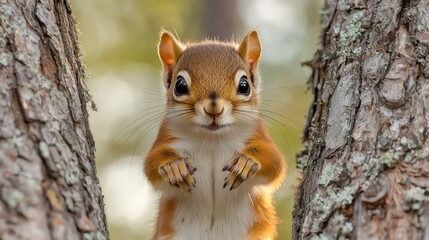 Wall Mural - A red squirrel standing on its hind legs in a tree