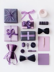 Poster - Gift wrapping materials in shades of purple are beautifully arranged, showcasing ribbons, cards, and open space for personalized messages. Generative AI
