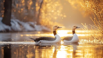 Poster - A couple of ducks floating on top of a body of water