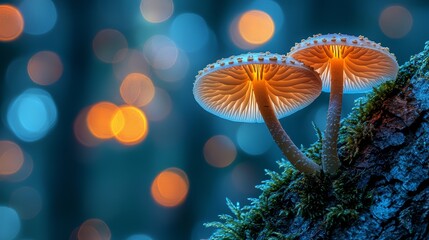 Poster - A couple of mushrooms sitting on top of a tree stump