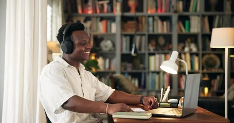 Aufkleber - University, library and student with headphones on laptop for online learning, studying and education. School, academy and African man listen to music on computer for research, assignment or night