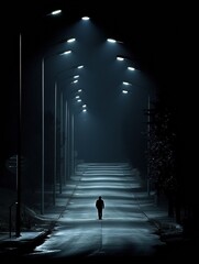 Aufkleber - A solitary figure strolls down an empty street at night, with streetlights casting long shadows and a dark sky above, creating an eerie atmosphere. Generative AI