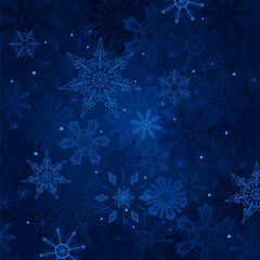 Wall Mural - Winter night sky snowflake square background. Christmas backdrop, copy space. Snow blizzard on navy blue deep color gradient. Glowing snowflakes on dark blue back. Vector Xmas holiday illustration.