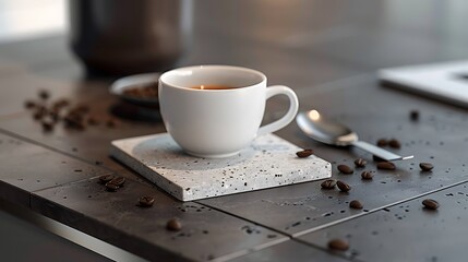 Wall Mural - A coffee cup resting on a metal coaster, with a small spoon beside it and beans scattered around