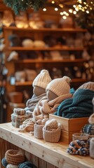 Cozy wooden display of winter accessories.