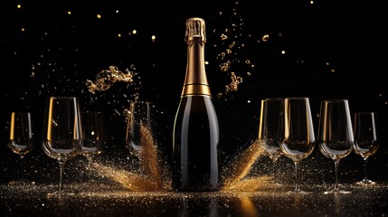 Poster - Celebration unfolds as champagne bottle pops, releasing sparkling bubbles, with elegant glasses poised to catch the joyous moments. Generative AI