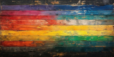 Colorful wooden planks with textured weathered surface in vibrant rainbow pattern