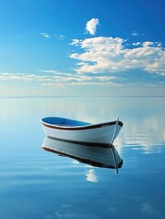 Aufkleber - A tranquil boat floats on still water, surrounded by expansive blue skies and fluffy clouds, inviting a moment of peace. Generative AI