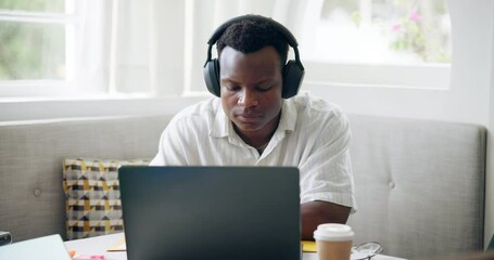 Poster - University, cafe and black man with headphones on laptop for online learning, studying and education. School, coffee shop and student listen to music on computer for research, assignment and project