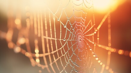 Dew drops on a spider web, soft background, space on the left, Golden Hour Lighting,generative ai illustration