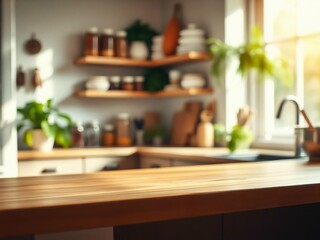 Green Empty wooden table with the bright white interior of the kitchen as a blurred background behind the bokeh golden Sunshine.