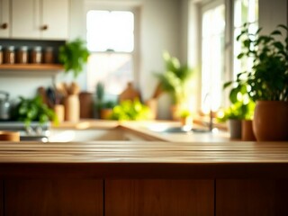 Wall Mural - Green Empty wooden table with the bright white interior of the kitchen as a blurred background behind the bokeh golden Sunshine.