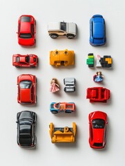 Aufkleber - A vibrant collection of toy cars, blocks, and dolls is neatly laid out, showcasing a playful arrangement against a bright background. Generative AI