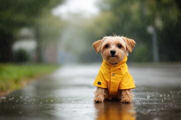 Poster - A small dog is sitting on a wet pavement wearing a yellow raincoat while light rain falls around. The background features greenery. Generative AI