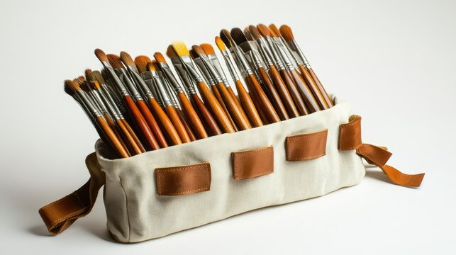 Paint brushes arranged neatly in a canvas roll-up case, ready for travel