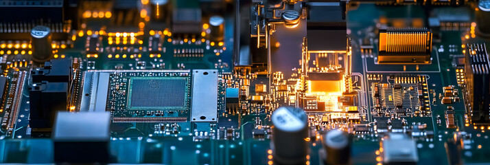 Poster - a circuit board manufacturing line with machines precisely placing and soldering tiny electronic com