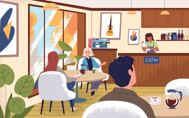 People in coffeehouse. Young woman man client indoor coffee shop interior, barista at cafe counter make espresso friends colleague meeting cozy cafeteria classy vector illustration