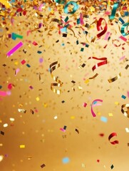 Poster - Colorful confetti and curling ribbons cascade against a shimmering golden background, creating a joyful atmosphere perfect for New Year celebrations. Generative AI