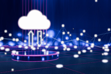 Poster - Digital cloud computing illustration with data connections and uploads, representing technology and innovation. 3d rendering