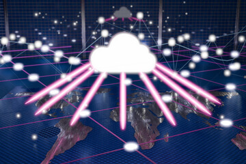 Poster - A digital cloud with rays over a global map, symbolizing connectivity and technology. 3d rendering