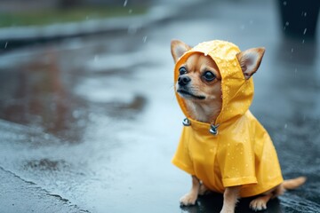 Aufkleber - A small dog wearing a bright yellow raincoat sits on wet pavement during light rain, looking alert and ready for adventure. Generative AI