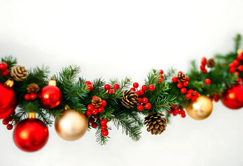 Aufkleber - Christmas garland with red and gold baubles, berries, and pinecones on a white background. PNG transparent.