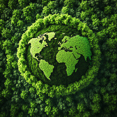 sustainable environment concept. carbon reduction emissions target. top view green forest with globe