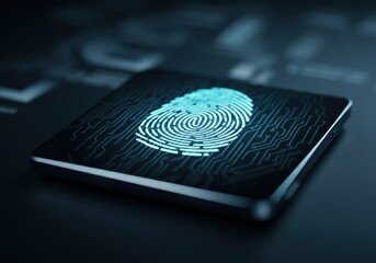 Poster - Glowing fingerprint on futuristic device symbolizes access, security, and identity verification in digital world