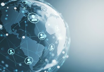 Poster - Lines connecting businesspeople icons over a translucent globe representing global business communication and networking