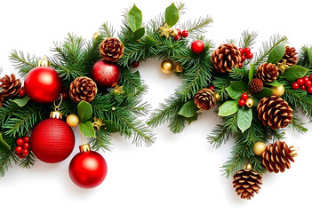 Poster - Christmas garland with red and gold ornaments, pinecones, and holly on a white background. PNG transparent.