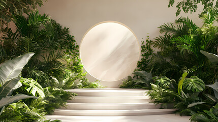 Fototapete - A sleek 3d rendering of a circular portal framed by lush greenery on either side, situated atop a white marble staircase. the scene is set against a soft beige background. Lush. Illustration
