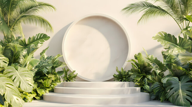 A sleek 3d rendering of a circular portal framed by lush greenery on either side, situated atop a white marble staircase. the scene is set against a soft beige background. Lush. Illustration