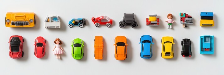 Aufkleber - Toys such as cars, blocks, and dolls are creatively arranged on a white background, providing ample space for adding custom text or messages. Generative AI