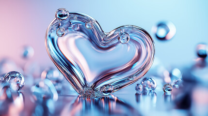 Poster - Mercury forms a heart shape with bubbles against a soft blue-pink background, symbolizing transformation