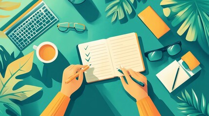 Poster - Overhead view of hands checking items off a to-do list in a notebook.