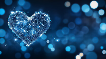 Poster - A heart shape is created by a blockchain network design with luminous nodes against a blue bokeh backdrop