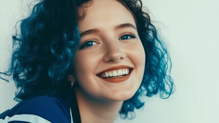 Wall Mural - Woman with blue hair and a blue shirt is smiling