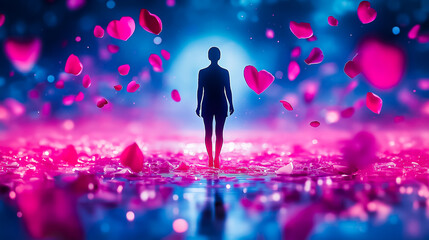 Poster - Rose petals dance and float around a silhouetted figure, creating a serene and enchanting atmosphere filled with color