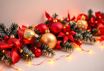 Aufkleber - Christmas card with red & gold christmas decorations on white background. New Year lights
