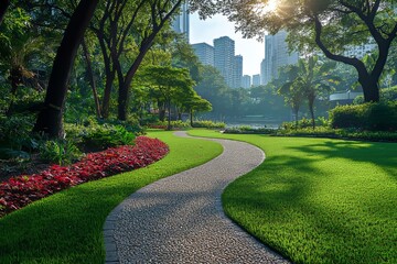 Wall Mural - A picturesque urban park on a sunny day in Bangkok, Thailand.