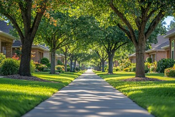 Wall Mural - A side view of an asphalt road in a suburban residential area of Texas, Texas, USA, lined with numerous green trees. America is a clean and green country, making it ideal for environmental and