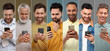 © New Africa - Men using mobile phones on different colors backgrounds. Collage of portraits