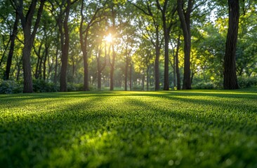 A green summer city park scene with tall trees and a lawn, set against the backdrop of a sunny day in a typical European park.