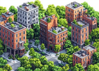 An isometric depiction of a green city park featuring contemporary buildings, trees, and walkways, ideal for illustrating environmental and urban planning themes.