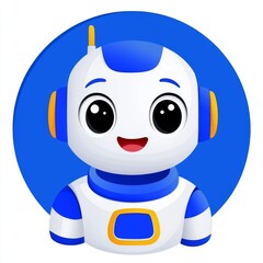 Poster - a robot head with a blue speech bubble in a white circle. chat bot logo design idea. adorable robot 