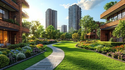 Wall Mural - A park in the city with a trail running through it and a big building behind it.